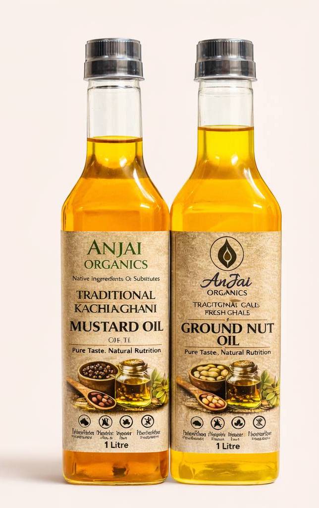 Anjai Organics Cold Pressed Oil Combo (1L Mustard Oil + 1L Groundnut Oil) | Kachi Ghani | Wood Pressed | Chemical Free | 100% Natural